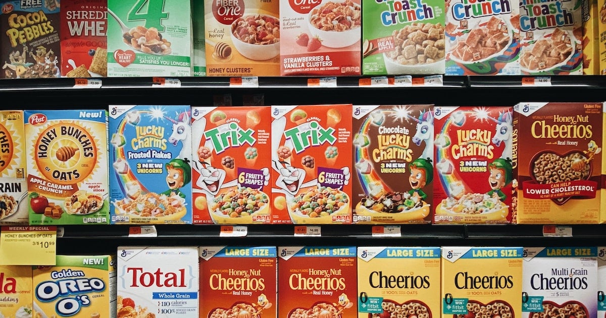 cereal boxes on counter display