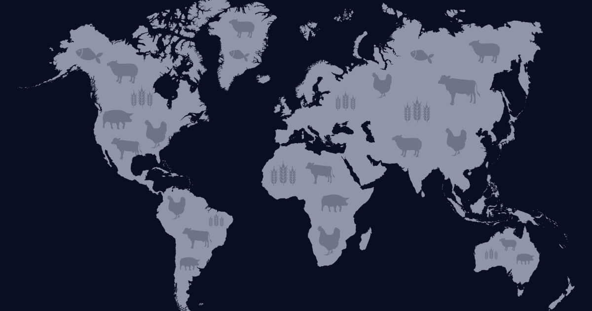 Farm animals on a world map