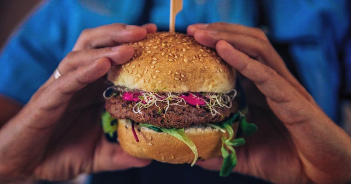image of hands around burger, plant-based meat companies