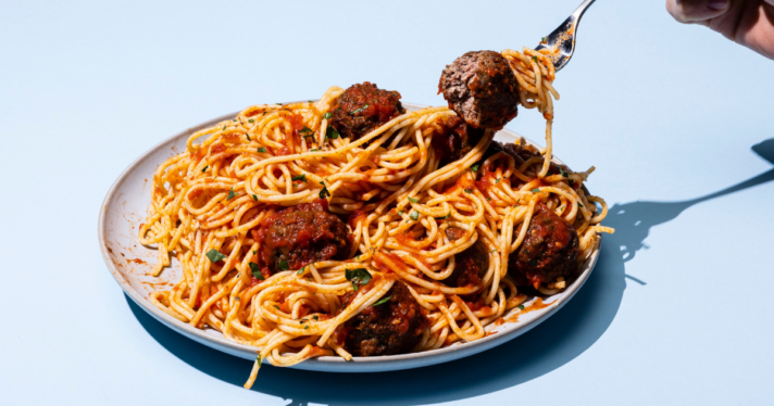 Omeat cell-cultivated meat, image of plate and spaghetti and meatballs