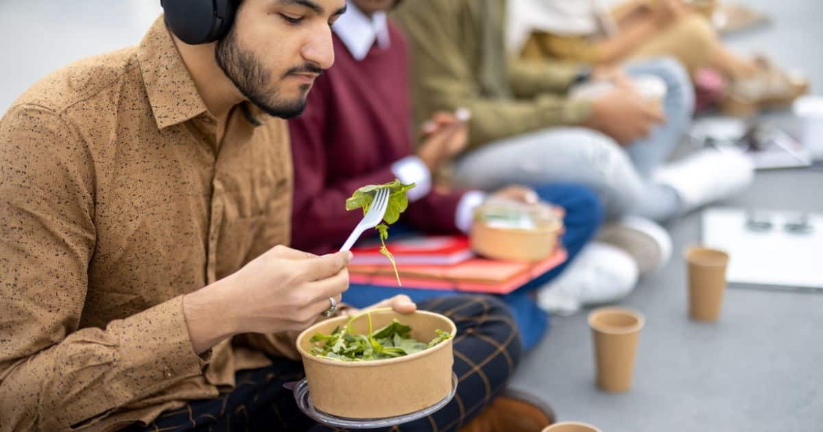 college student eating, plant-based defaults