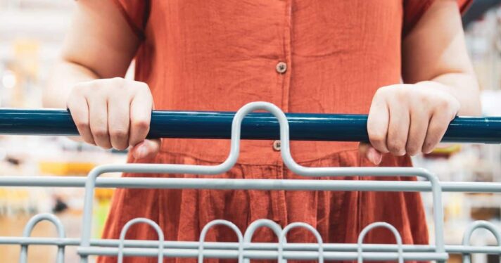 image of orange dress of person pushing shopping cart and their hands, story: meat-industry funded group protein pact