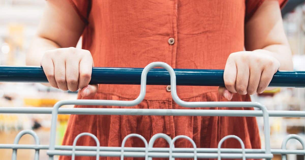 image of orange dress of person pushing shopping cart and their hands, story: meat-industry funded group protein pact