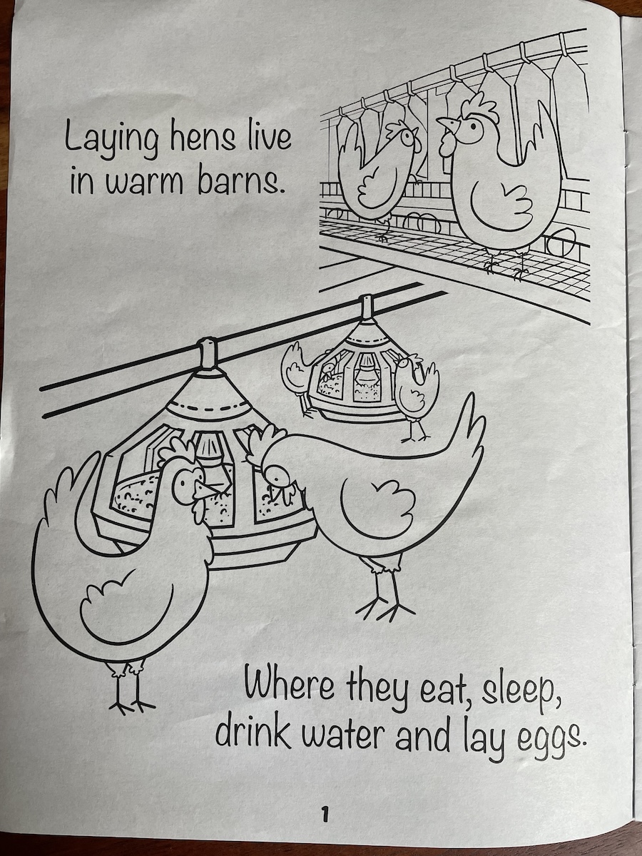 image of coloring page depicting drawings of chickens in "warm barns"