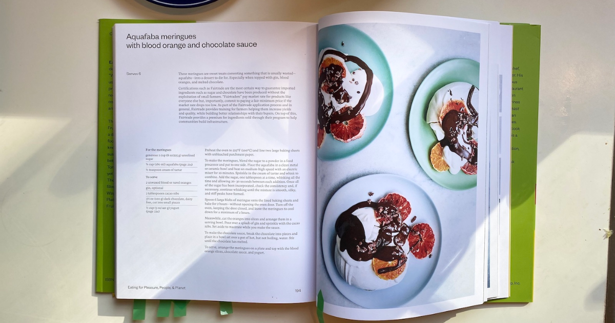 A cookbook showing a recipe for aquafaba meringues.