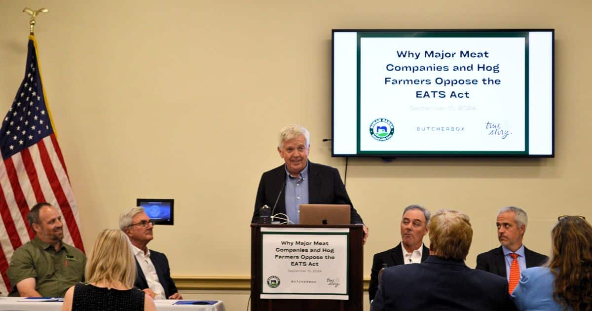 Iowa hog farmer Ron Mardesen speaks at an event.