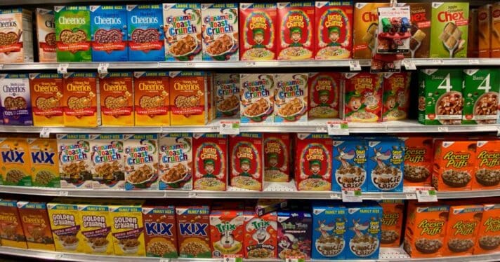 The cereal aisle at a grocery store