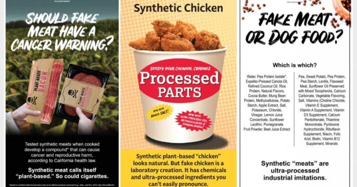 Three ads saying plant-based meat is unhealthy or unnatural