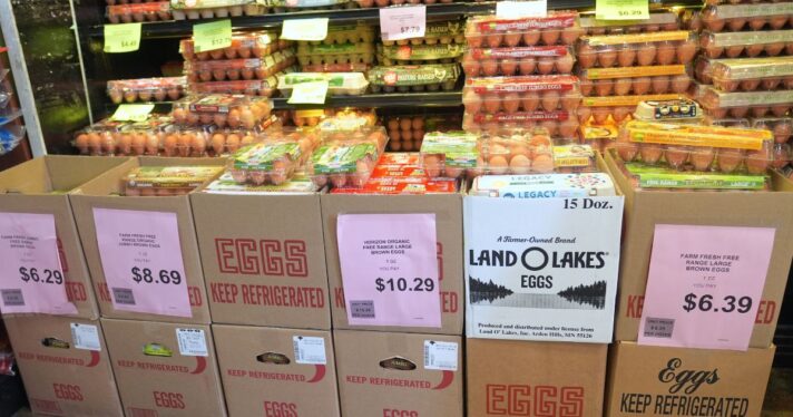 Packages of eggs are seen on the shelves of the egg aisle of the supermarket in New York City