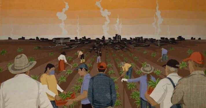 Illustration showing farm workers with smoke from wildfires in the distance.