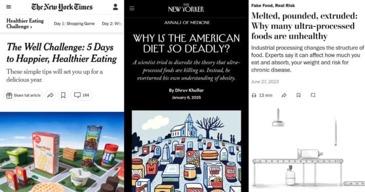 Headlines about ultra-processed food from the New York Times, New Yorker, and Washington Post