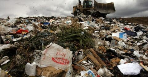 A plastic shopping bag from Ralph's supermarket on the ground at the Calabasas landfill