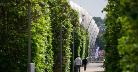 Sections of the Thames Barrier flood defence system are seen between hedgerows