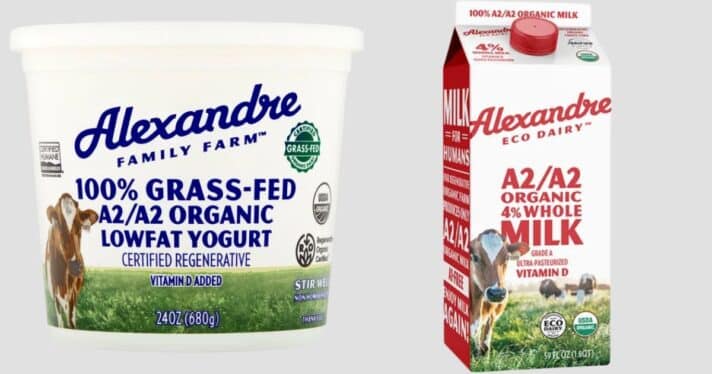 Alexandre Family Farm 100% grass-fed A2/A2 organic lowfat yogurt and A2/A2 organic 4% whole milk