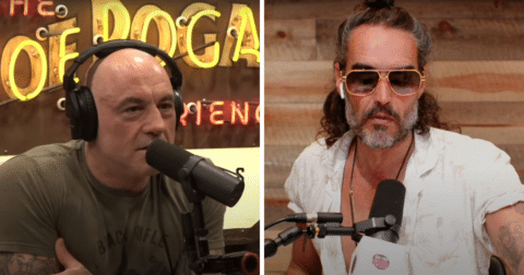 Joe Rogan and Russell Brand talking into mics