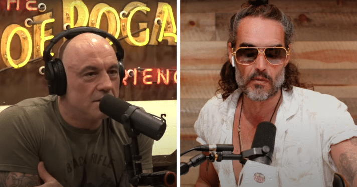 Joe Rogan and Russell Brand talking into mics