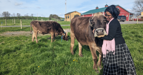 A woman hugging a cow