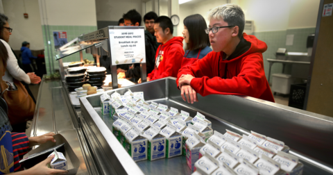 A child in a line for school lunch