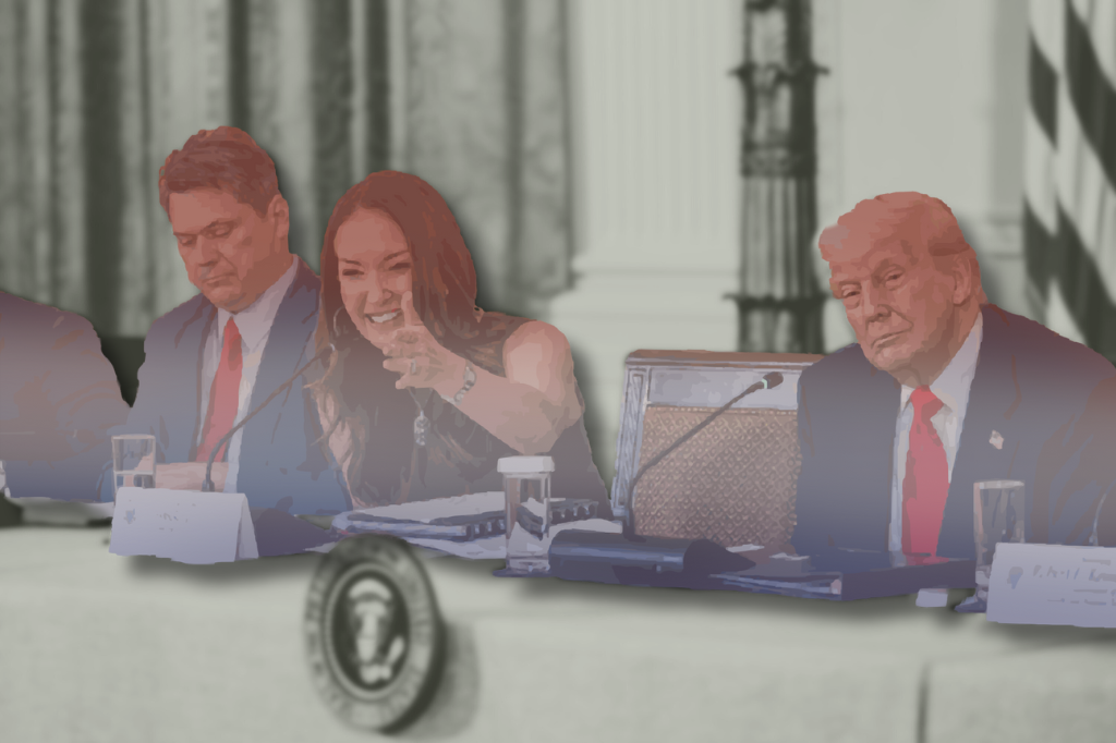 Brooke Rollins and Donald Trump at a press conference