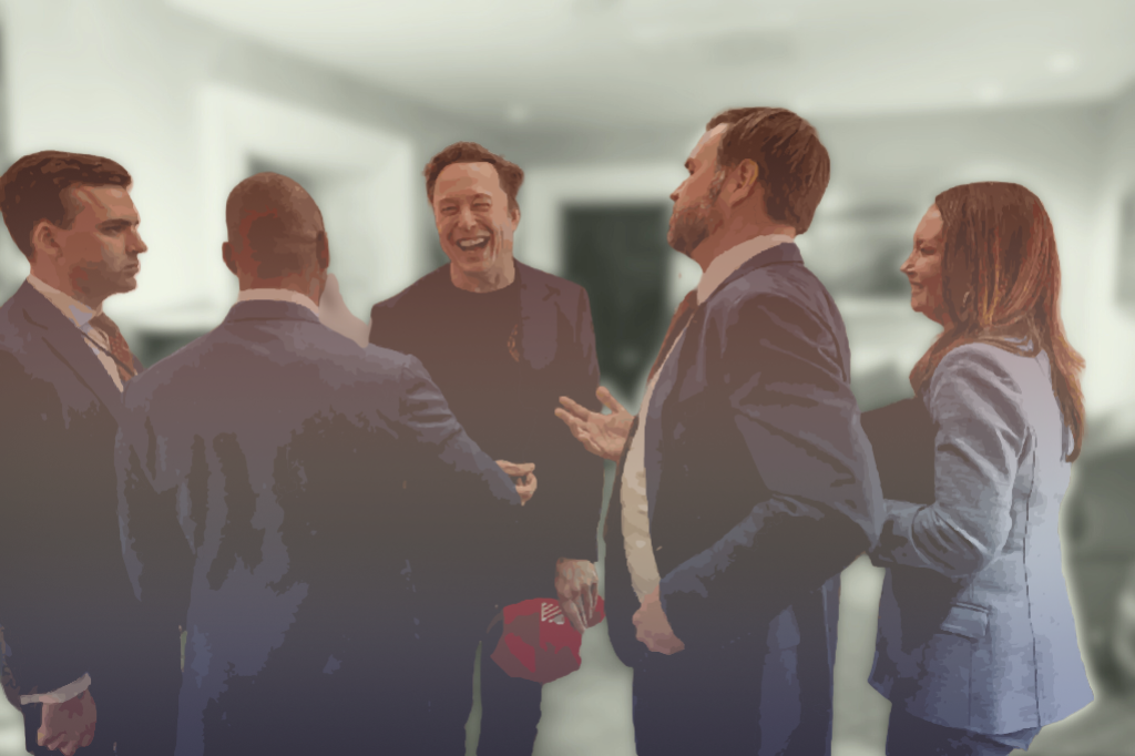 Illustration of Elon Musk, JD Vance, and Brooke Rollins talking