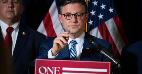 Speaker of the House Mike Johnson conducting a press conference