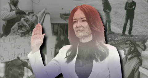 Illustration of Brooke Rollins holding her hand up taking a pledge