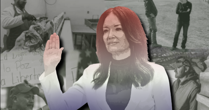 Illustration of Brooke Rollins holding her hand up taking a pledge