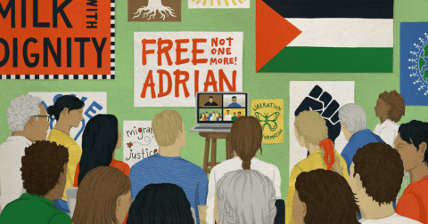 An illustration of volunteers watching a virtual bond hearing at Migrant Justice.