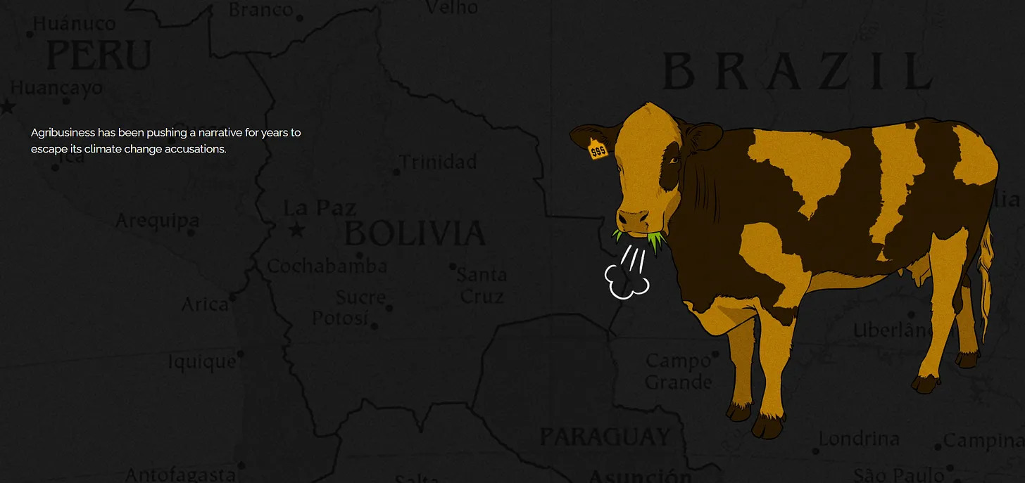 A graphic of a cow over a map