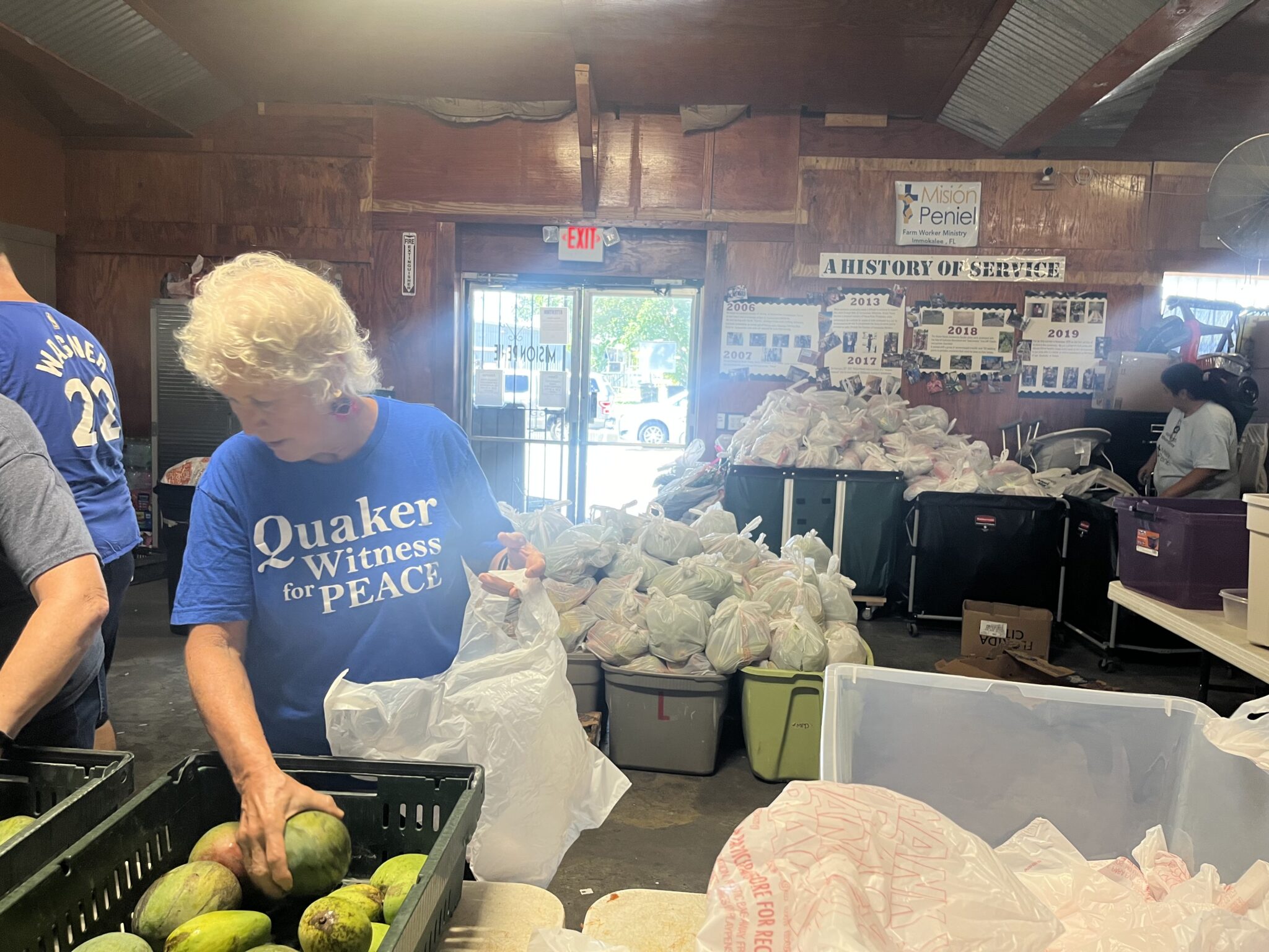 A person organizing a food bank of bags
