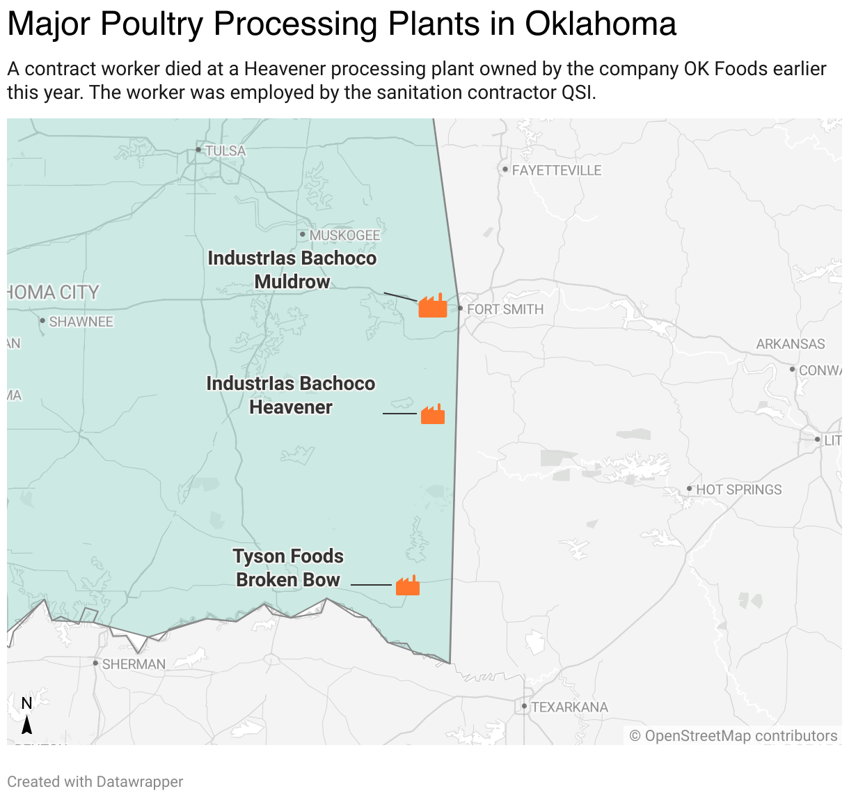 A map of Oklahoma's major poultry processing plants