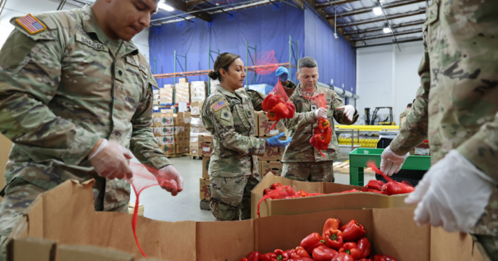 A group of Army servicemembers organizing boxes of food