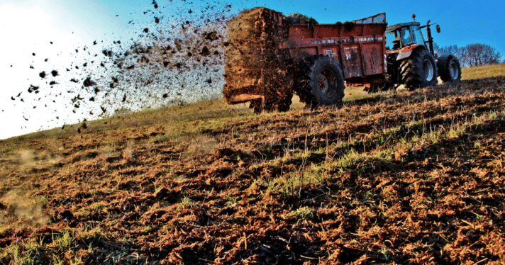 A truck spreading manure on a farm