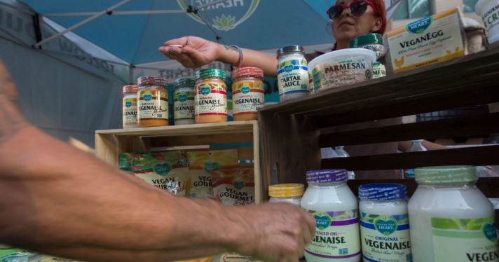 A collection of vegan foods at a fair