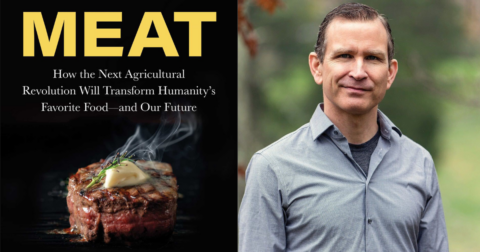A book cover with steaming meat on it next to a photo of the author