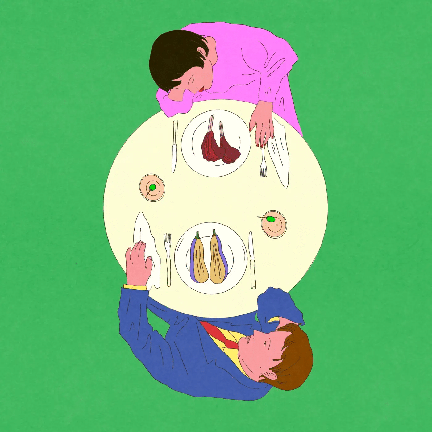Illustration of two people sitting at a dinner table