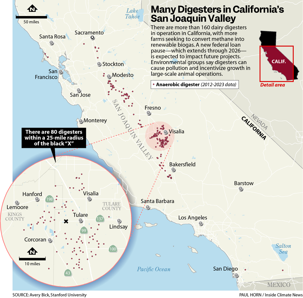 A map of digesters in California's San Joaquin Valley