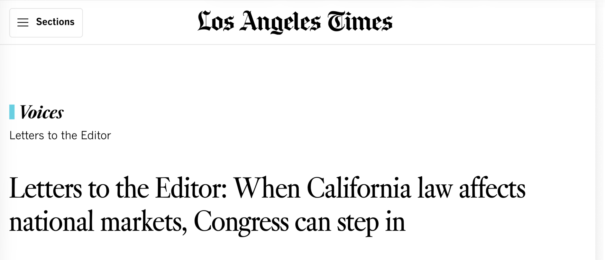 A screenshot of a letter to the editor in the Los Angeles Times