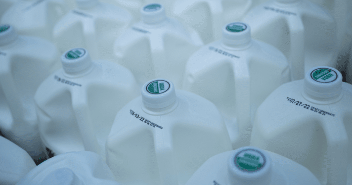 Gallon containers of milk lined up