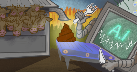 Illustration of an AI robot about to eat cow manure