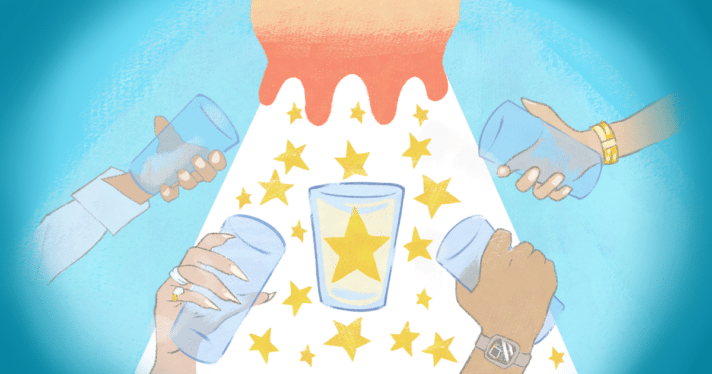 An illustration of a cow's udders shooting out milk with stars in it while human hands hold out glasses to catch it