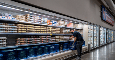 An employee stocking eggs in a grocery store