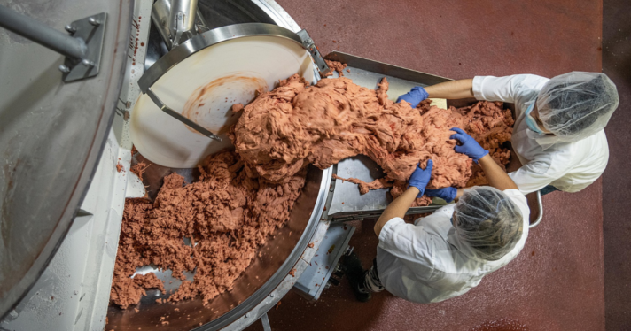 Plant-based ingredients being mixed and rendered into ham